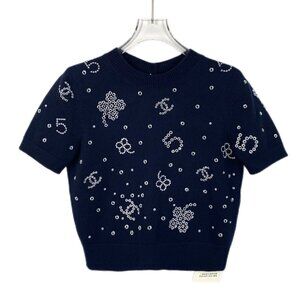 Chanel Navy Blue Short-Sleeve Cardigan Sweater With White Embellished Patterns &